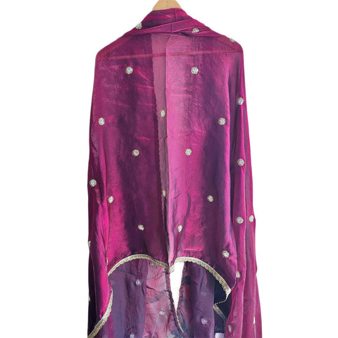 Fendi Fabric Dupatta with Bead Floral Work, Gota Lace Border Purple