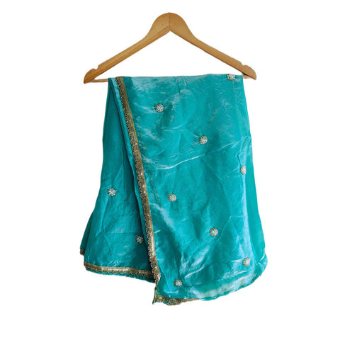 Fendi Fabric Dupatta with Bead Floral Work, Gota Lace Border Teal Blue