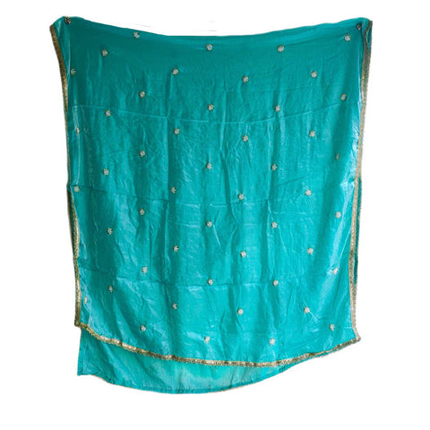 Fendi Fabric Dupatta with Bead Floral Work, Gota Lace Border Teal Blue