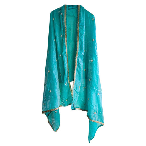 Fendi Fabric Dupatta with Bead Floral Work, Gota Lace Border Teal Blue