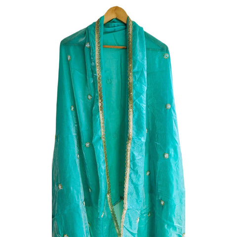 Fendi Fabric Dupatta with Bead Floral Work, Gota Lace Border Teal Blue