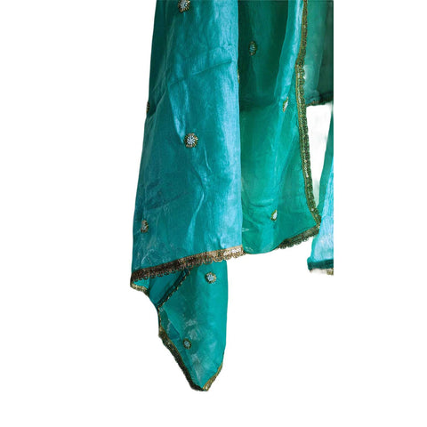 Fendi Fabric Dupatta with Bead Floral Work, Gota Lace Border Teal Blue