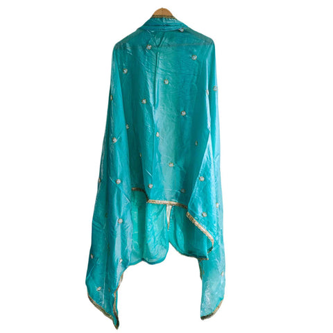 Fendi Fabric Dupatta with Bead Floral Work, Gota Lace Border Teal Blue