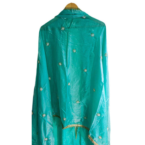 Fendi Fabric Dupatta with Bead Floral Work, Gota Lace Border Teal Blue