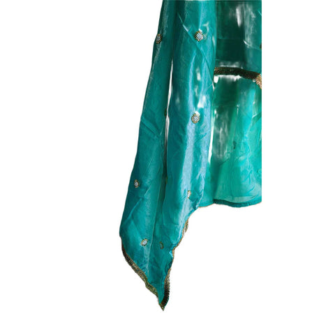 Fendi Fabric Dupatta with Bead Floral Work, Gota Lace Border Teal Blue