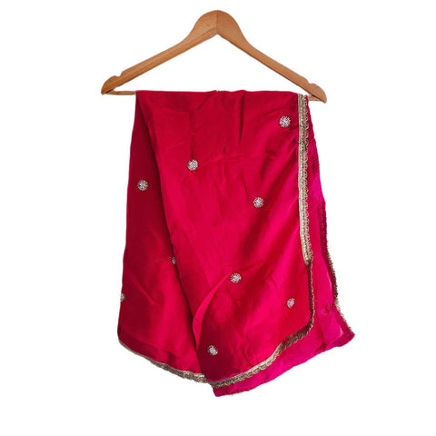 Fendi Fabric Dupatta with Bead Floral Work, Gota Lace Border PALE RED -VIOLET
