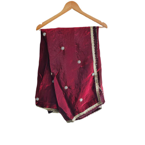 Fendi Fabric Dupatta with Bead Floral Work, Gota Lace Border Lilac