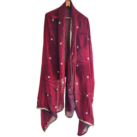 Fendi Fabric Dupatta with Bead Floral Work, Gota Lace Border Lilac