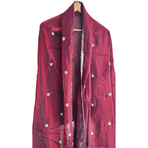 Fendi Fabric Dupatta with Bead Floral Work, Gota Lace Border Lilac