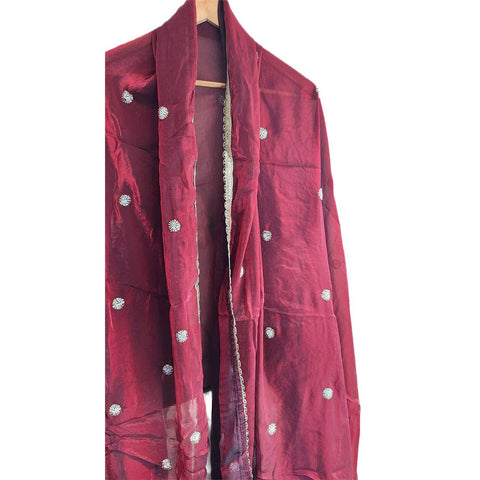 Fendi Fabric Dupatta with Bead Floral Work, Gota Lace Border Lilac