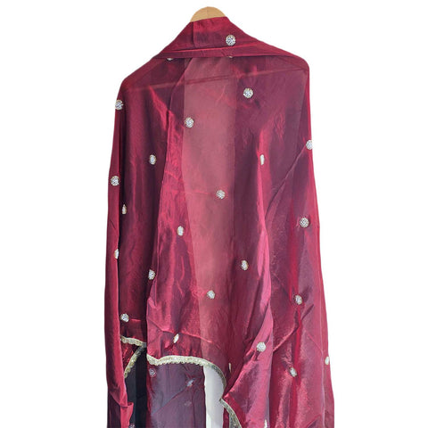 Fendi Fabric Dupatta with Bead Floral Work, Gota Lace Border Lilac
