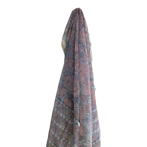 Grey Kota Doria Dupatta | Bagru Floral Striped Block Print | 235x90cm