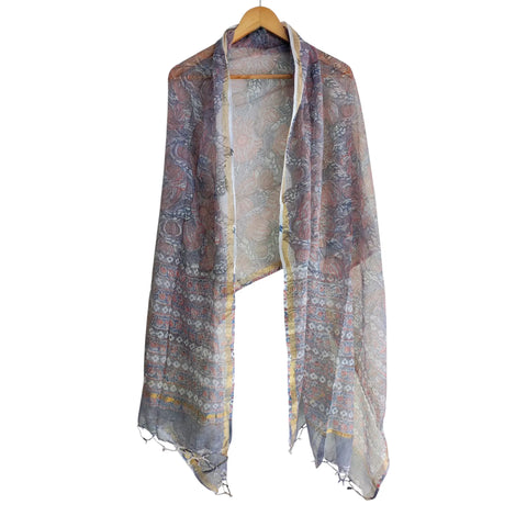 Grey Kota Doria Dupatta | Bagru Floral Striped Block Print | 235x90cm