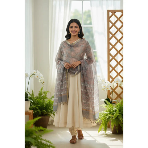 Grey Kota Doria Dupatta | Bagru Floral Striped Block Print | 235x90cm