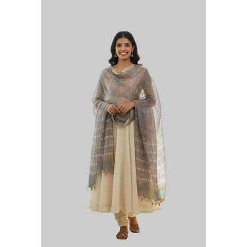 Grey Kota Doria Dupatta | Bagru Floral Striped Block Print | 235x90cm