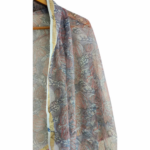 Grey Kota Doria Dupatta | Bagru Floral Striped Block Print | 235x90cm