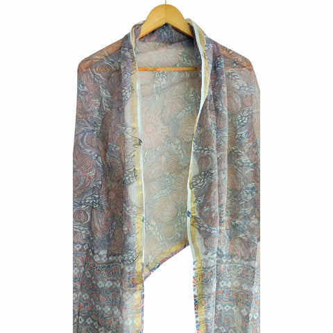 Grey Kota Doria Dupatta | Bagru Floral Striped Block Print | 235x90cm