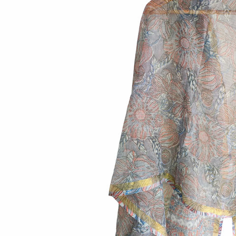 Grey Kota Doria Dupatta | Bagru Floral Striped Block Print | 235x90cm