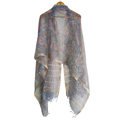 Grey Kota Doria Dupatta | Bagru Floral Striped Block Print | 235x90cm