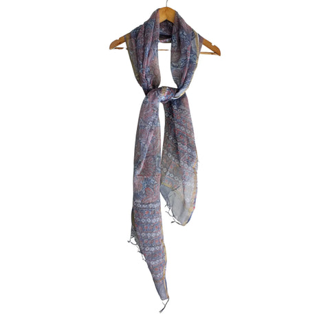 Grey Kota Doria Dupatta | Bagru Floral Striped Block Print | 235x90cm