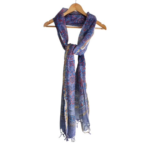 Grey Blue Kota Doria Dupatta | Bagru Floral Jaal Block Print | 235x90cm