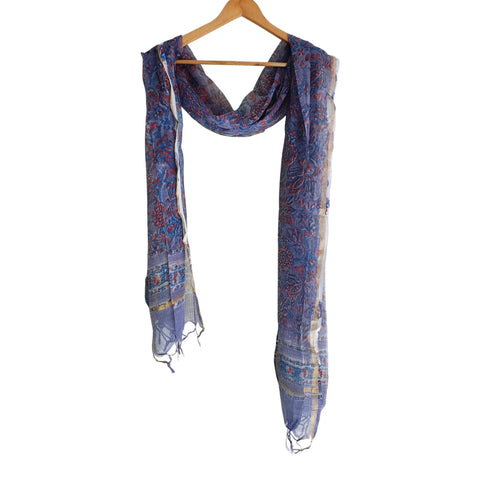 Grey Blue Kota Doria Dupatta | Bagru Floral Jaal Block Print | 235x90cm