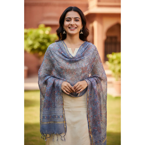 Grey Blue Kota Doria Dupatta | Bagru Floral Jaal Block Print | 235x90cm
