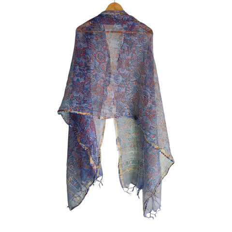 Grey Blue Kota Doria Dupatta | Bagru Floral Jaal Block Print | 235x90cm