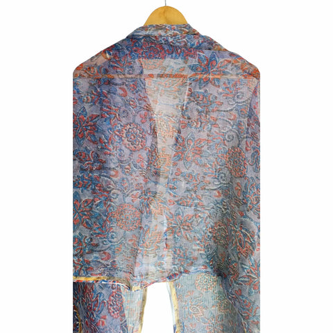 Grey Blue Kota Doria Dupatta | Bagru Floral Jaal Block Print | 235x90cm