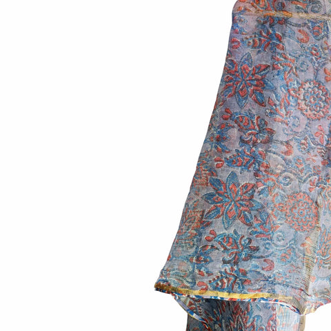 Grey Blue Kota Doria Dupatta | Bagru Floral Jaal Block Print | 235x90cm
