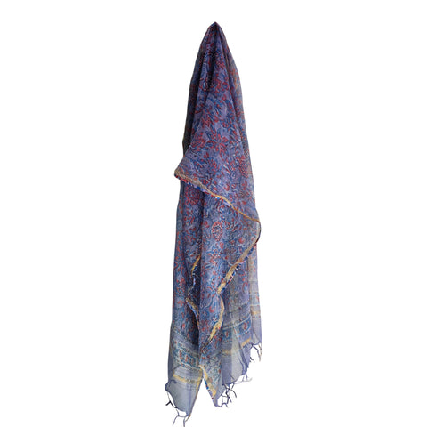 Grey Blue Kota Doria Dupatta | Bagru Floral Jaal Block Print | 235x90cm