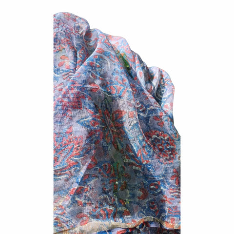 Grey Blue Kota Doria Dupatta | Bagru Floral Jaal Block Print | 235x90cm
