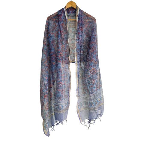 Grey Blue Kota Doria Dupatta | Bagru Floral Jaal Block Print | 235x90cm