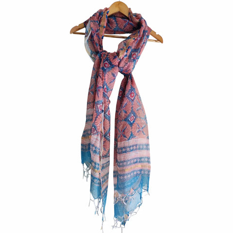 Dusty Pink Kota Doria Dupatta | Bagru Geometric Floral Block Print | 235x90cm