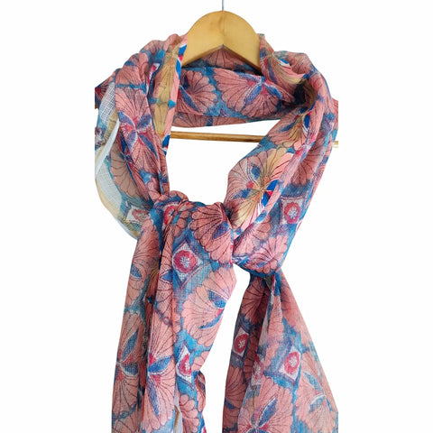 Dusty Pink Kota Doria Dupatta | Bagru Geometric Floral Block Print | 235x90cm