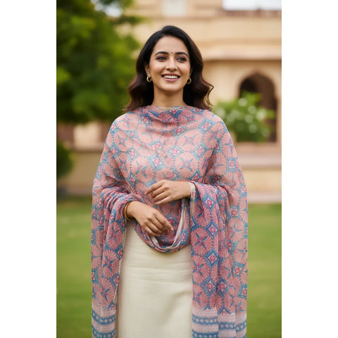 Dusty Pink Kota Doria Dupatta | Bagru Geometric Floral Block Print | 235x90cm