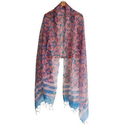 Dusty Pink Kota Doria Dupatta | Bagru Geometric Floral Block Print | 235x90cm