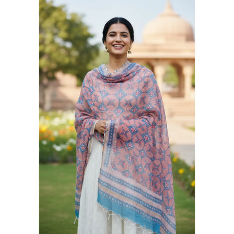 Dusty Pink Kota Doria Dupatta | Bagru Geometric Floral Block Print | 235x90cm