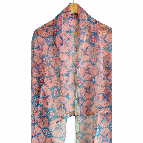 Dusty Pink Kota Doria Dupatta | Bagru Geometric Floral Block Print | 235x90cm