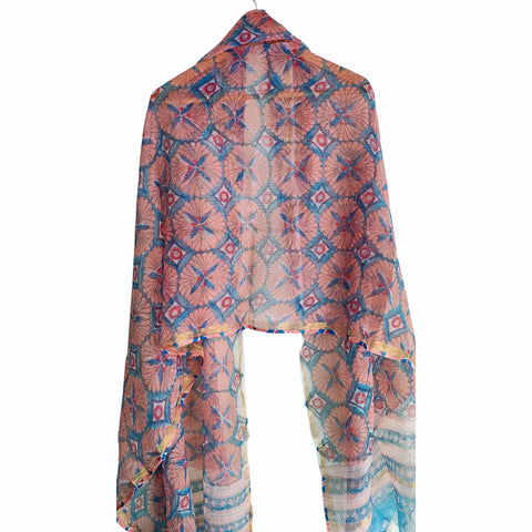 Dusty Pink Kota Doria Dupatta | Bagru Geometric Floral Block Print | 235x90cm