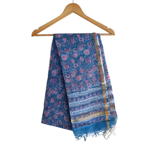 Steel Blue Kota Doria Dupatta | Bagru Multicolour Floral Block Print | 235x90cm