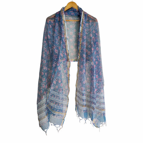 Steel Blue Kota Doria Dupatta | Bagru Multicolour Floral Block Print | 235x90cm