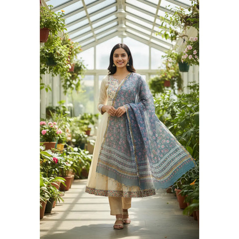 Steel Blue Kota Doria Dupatta | Bagru Multicolour Floral Block Print | 235x90cm