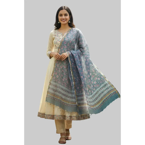 Steel Blue Kota Doria Dupatta | Bagru Multicolour Floral Block Print | 235x90cm