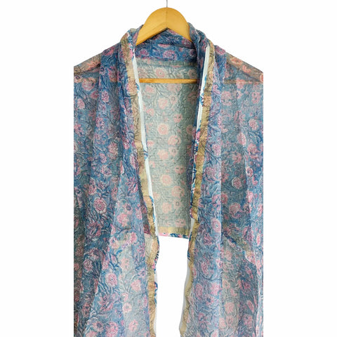 Steel Blue Kota Doria Dupatta | Bagru Multicolour Floral Block Print | 235x90cm