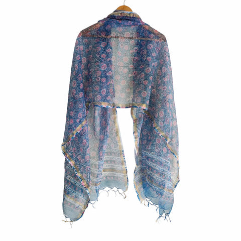 Steel Blue Kota Doria Dupatta | Bagru Multicolour Floral Block Print | 235x90cm