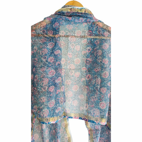 Steel Blue Kota Doria Dupatta | Bagru Multicolour Floral Block Print | 235x90cm