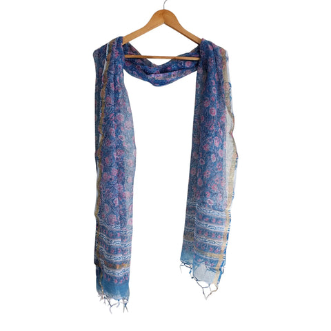 Steel Blue Kota Doria Dupatta | Bagru Multicolour Floral Block Print | 235x90cm