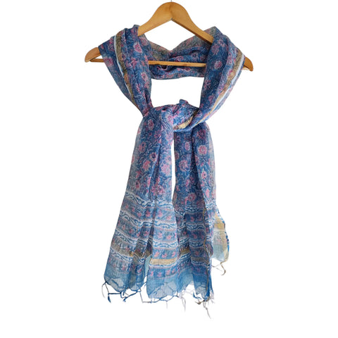 Steel Blue Kota Doria Dupatta | Bagru Multicolour Floral Block Print | 235x90cm