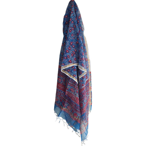 Sky Blue Kota Doria Dupatta | Bagru Floral Jaal Block Print | 235x90cm
